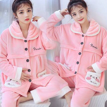 孕妇月子服加厚保暖珊瑚睡衣套装秋冬季加绒产妇法兰绒哺乳衣绒