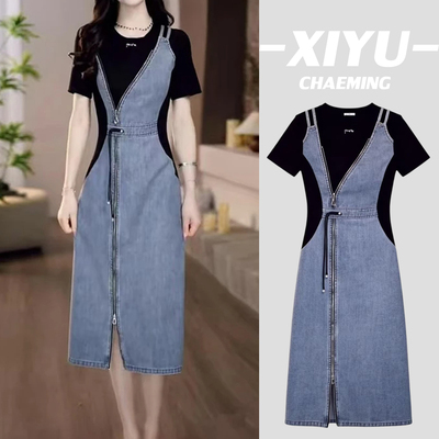 夏季收腰显瘦假两件牛仔连衣裙