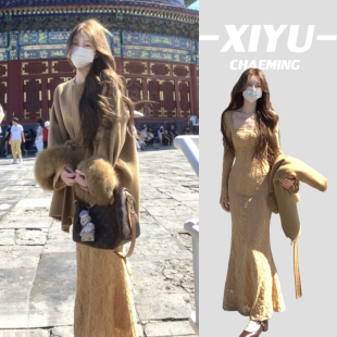 冬季套装女收腰宽松大衣气质毛呢外套+方领长袖蕾丝鱼尾连衣裙