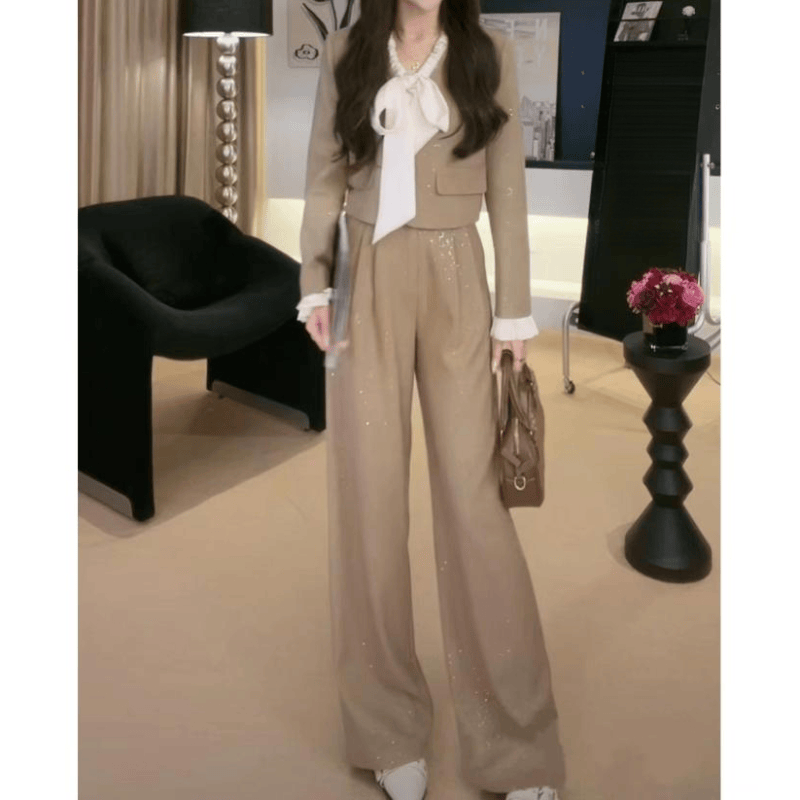 法式小香风V领蝴蝶结外套女春秋短款时尚百搭套装西装长裤两件套