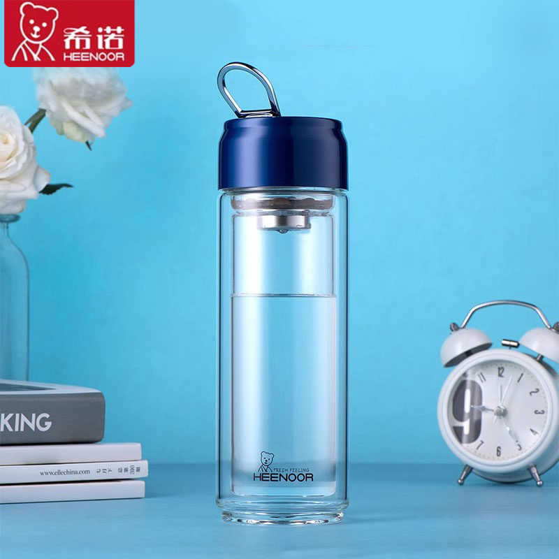 希诺玻璃杯男款泡茶杯女双层隔热耐高温水杯带盖便携提环运动杯子
