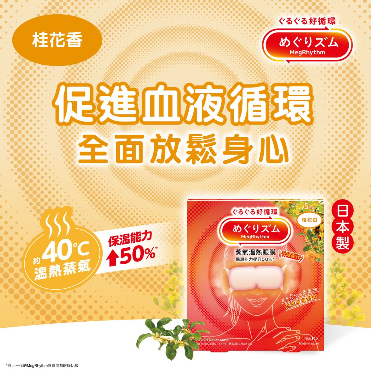 花王MegRhythm蒸气温热眼膜桂花味5片装蒸汽眼罩热敷便携睡眠成人