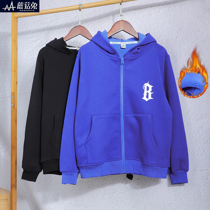 胖童装男大童秋冬装一体绒加绒卫衣加大加肥胖男孩中学生外套加厚