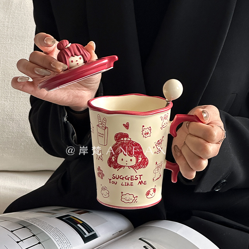 情侣款涂鸦陶瓷马克杯带盖勺