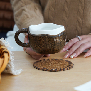 岸梵创意风椰子壳陶瓷杯小众设计感咖啡杯水杯家用ins早餐马克杯