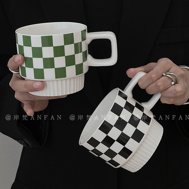 岸梵*美式棋盘格陶瓷杯子简约高颜值带把马克杯家用复古咖啡杯碟,餐饮具,马克杯,淘宝优惠券,粉丝福利购,淘宝优惠卷