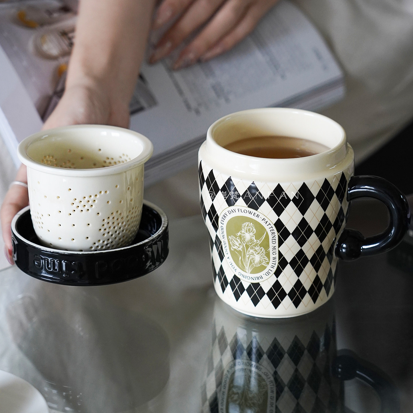 岸梵ins陶瓷马克杯办公室泡茶杯早餐咖啡杯带盖茶水分离喝水杯子