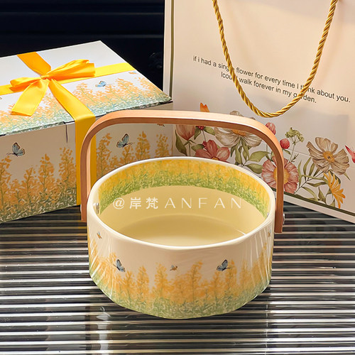 田园风陶瓷水果盘手提篮收纳篮