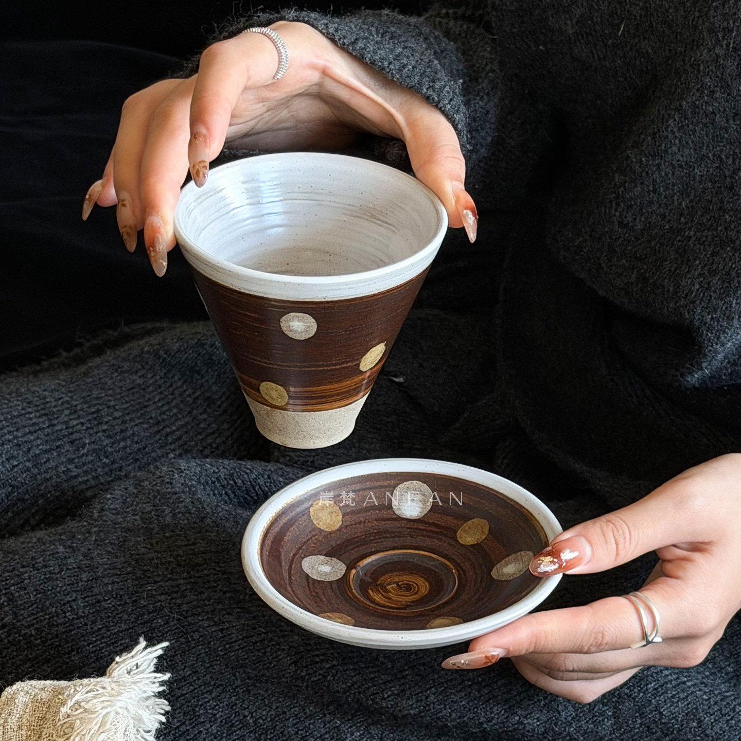 岸梵日式复古流星漏斗杯碟咖啡杯手握杯陶瓷杯拉花拿铁杯小众礼物