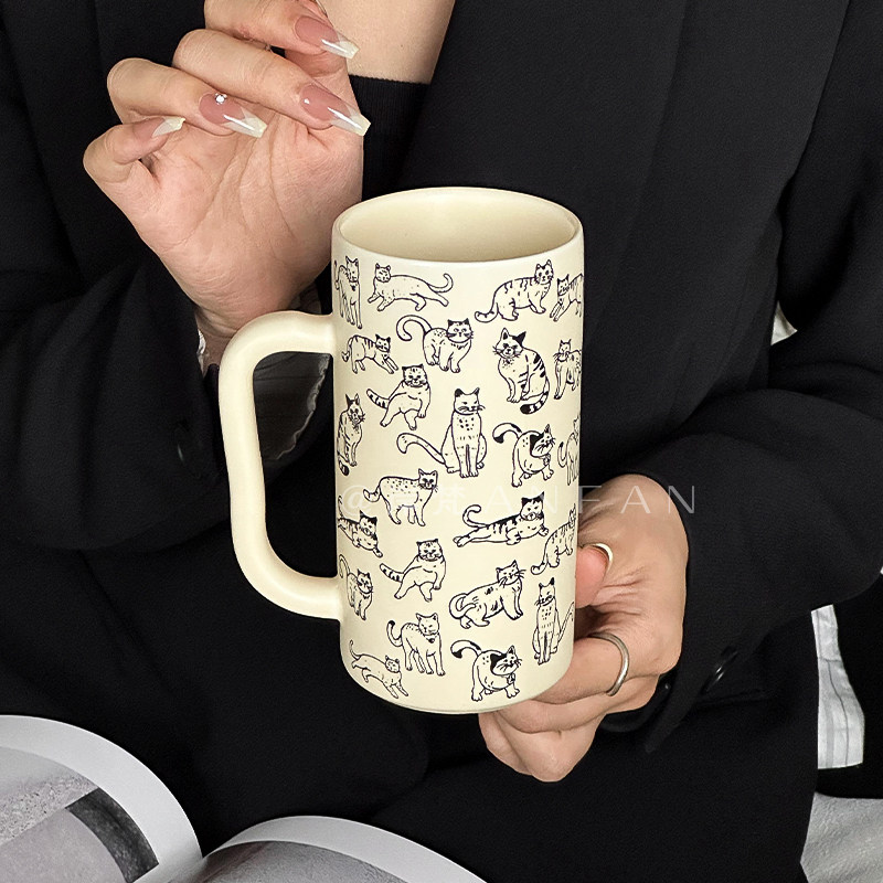 ins风情侣早餐杯马克杯简约团团猫咪杯卡通大容量杯陶瓷咖啡杯