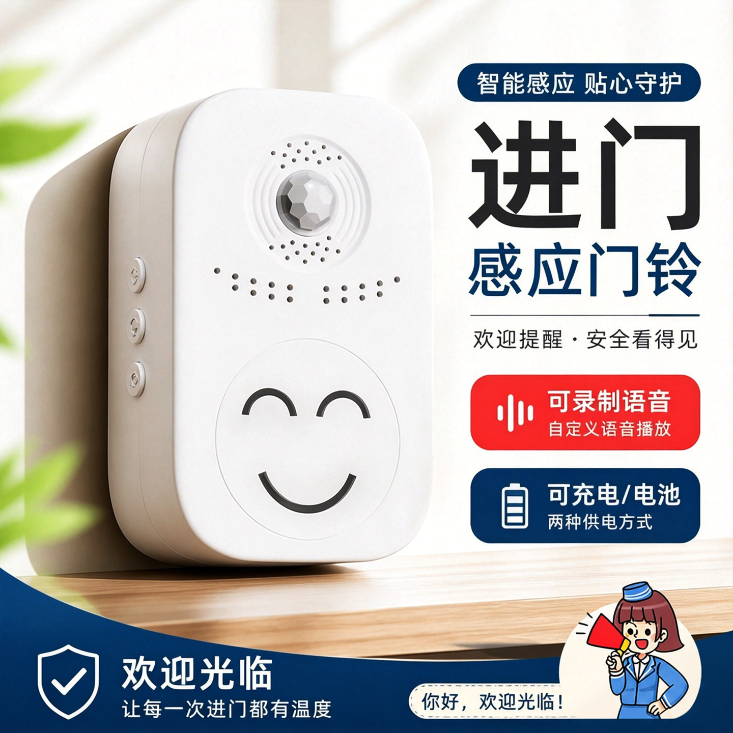 可录音进门感应门铃店铺欢迎光临迎宾器感应来人语音提示报警器