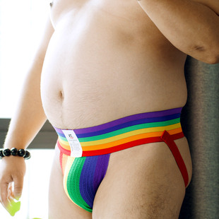 男士彩虹宽腰带双丁裤性感低腰三角裤胖熊后空露臀丁字内裤加大码