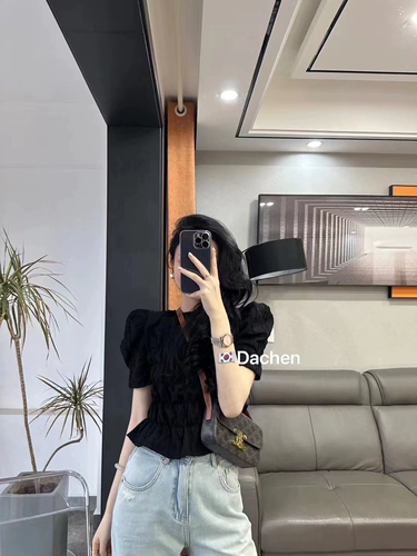 Черная рубашка, небольшая летняя одежда, французский стиль, подходит для подростков, рукава фонарики