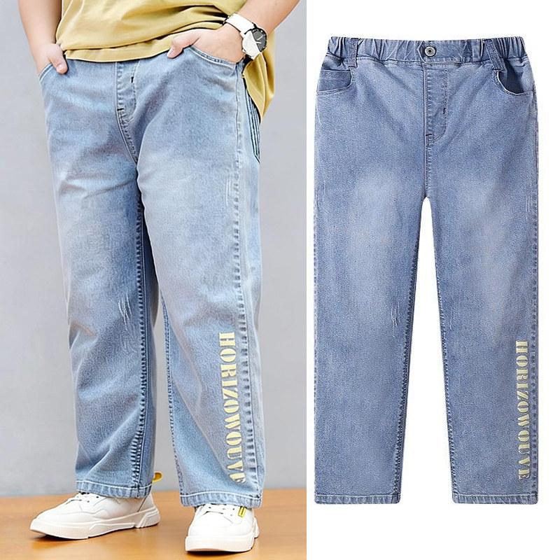 胖儿童软牛仔裤加肥加大码春夏季薄款洋气男童宽松休闲裤子浅蓝色