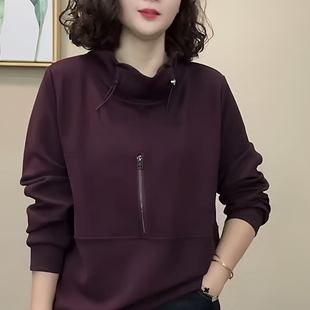 妈妈装秋季花苞领抽绳前拉链长袖卫衣时尚女洋气T恤显瘦百搭上衣