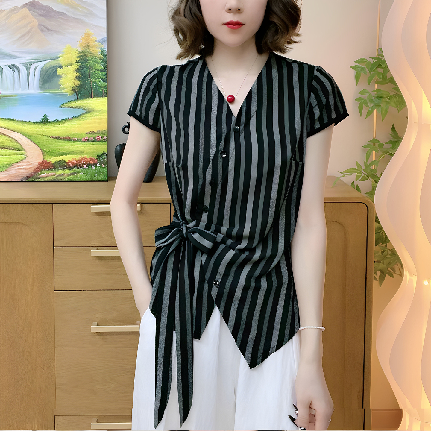 妈妈装夏季V领斜门襟系带条纹短袖小衫中年女时尚T恤百搭女士上衣