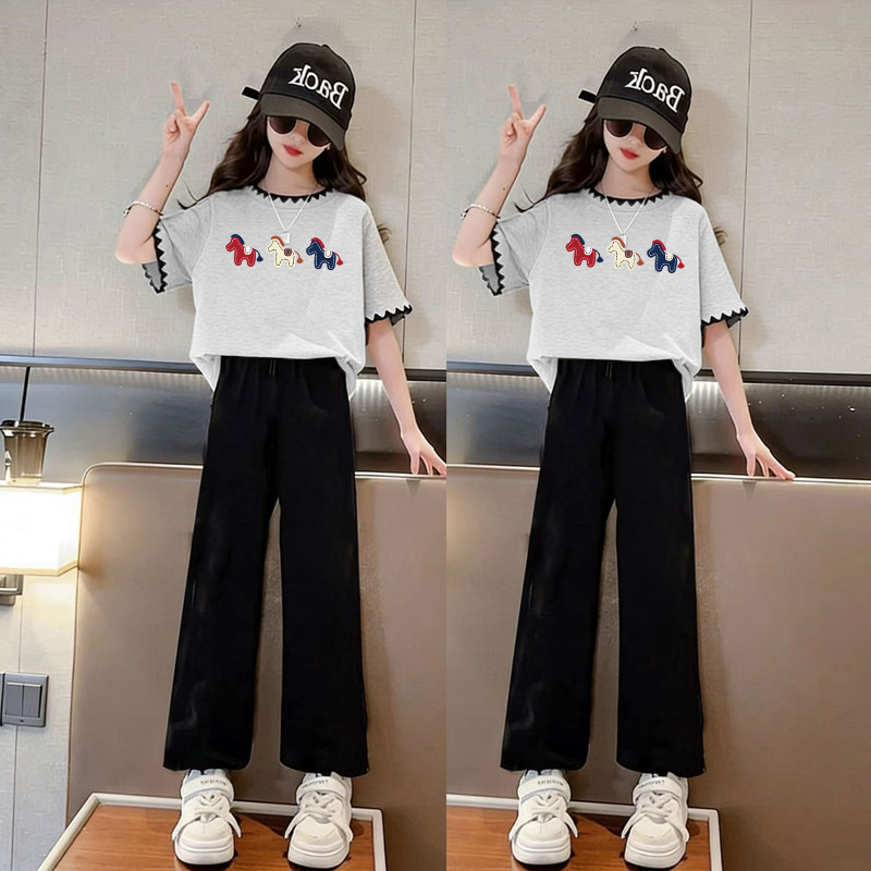 女童纯棉贝壳绣短袖套装2026新款洋气时髦夏季女孩中大童休闲阔腿