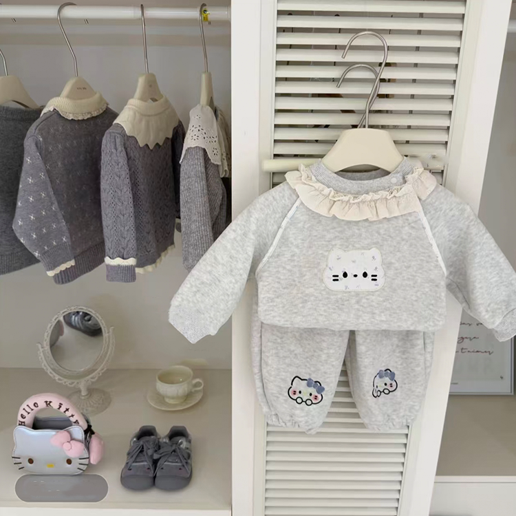 女童套装2025秋冬新款女宝宝卡通洋气加绒加厚花边保暖卫衣两件套