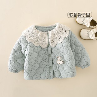 女童宝宝加绒棉服绗棉外套2025新款 保暖花边外套上衣 韩系秋冬韩版
