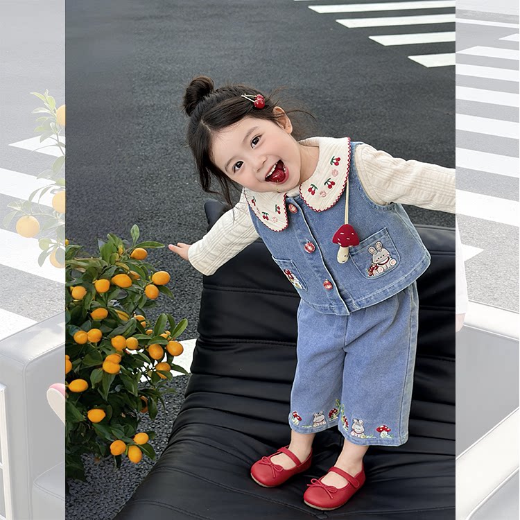 女童春秋刺绣牛仔套装2026新款洋气秋季小童女宝宝娃娃衫三件套潮