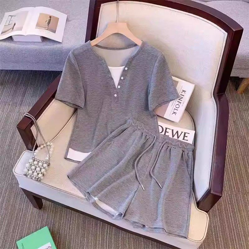 休闲运动套装女款夏季2026新款胖mm显瘦遮肉短袖短裤跑步服两件套