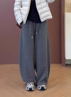 灰色抽绳阔腿加绒卫裤女冬加厚宽松显瘦弯刀裤大码休闲直筒运动裤