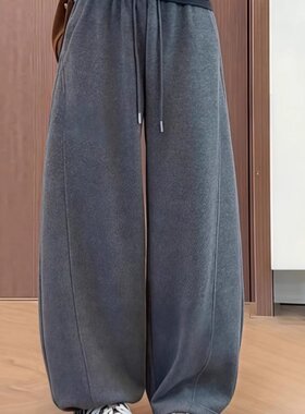 灰色加绒加厚阔腿休闲裤女2025冬新款韩版宽松高腰弯刀裤显瘦卫裤