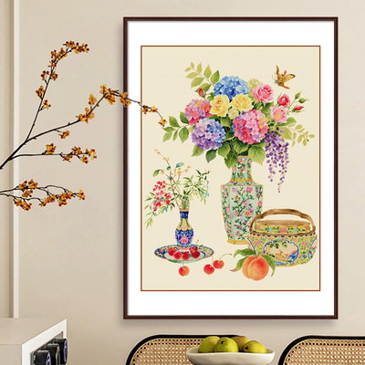 春天十字绣新款线绣竖版新中式闲庭花韵植物花卉客厅玄关手工挂画