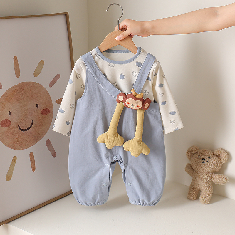 婴儿连体衣春秋新款立体小猴子背带裤纯棉上衣宝宝衣服秋季
