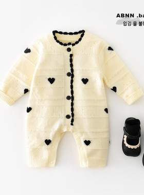 2025韩版新款女童爱心长袖连身衣 新生儿单排扣包屁爬服53319