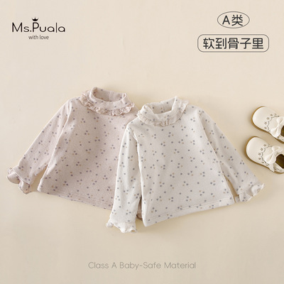 秋冬新款花信子婴幼儿A类童装宝宝秋冬加绒碎花棉质蕾丝边打底衫