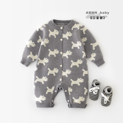 2025秋季新款韩版满身小狗爬服 新生儿宝宝卡通毛线连身衣53302