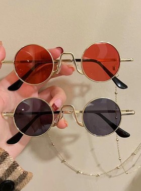 金属小圆框复古墨镜原宿红色片太阳眼镜潮凹造型男女嘻哈风太子镜