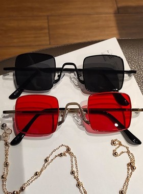 时尚复古太阳镜男个性街拍造型小脸方框ins网红墨镜女夏潮带链条