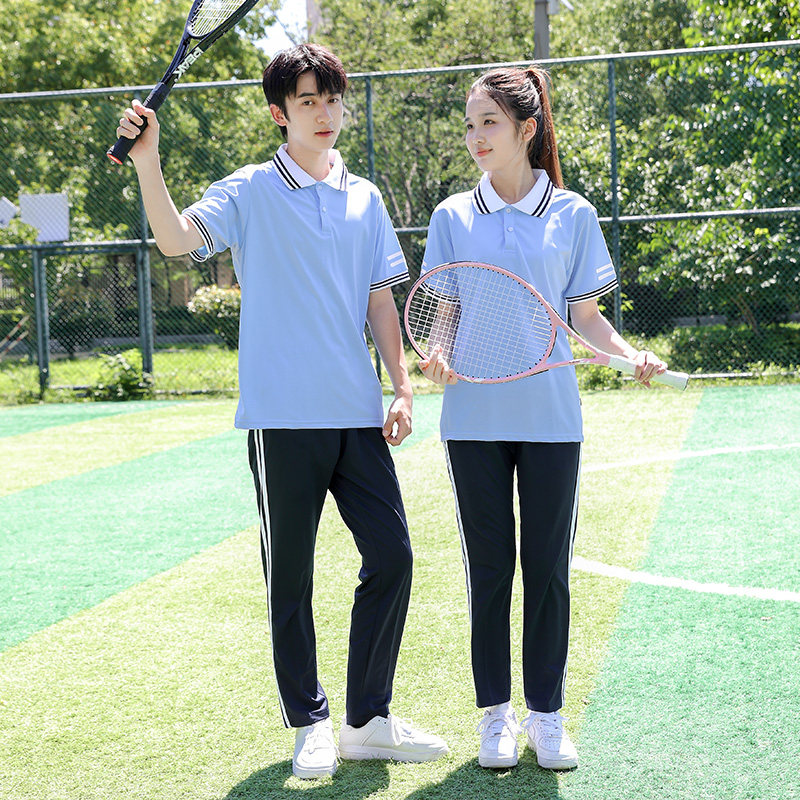 夏季校服蓝色POLO领学院风百搭T恤初中生修身男女款运动休闲印字