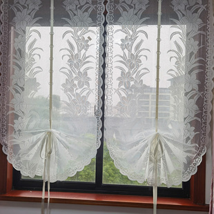 免打孔蕾丝网纱厨房窗帘扇形提拉帘客厅卧室阳台隔断帘法式卷帘