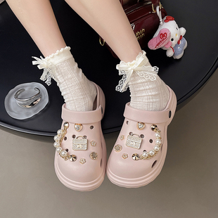 护士鞋 防水防滑沙滩凉鞋 女夏EVA外穿亮钻珍珠包头两穿拖鞋 洞洞鞋