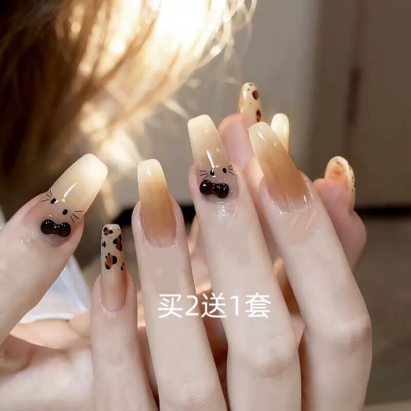 2026新款卡通学生穿戴甲可拆卸长款假指甲贴片欧美豹纹美甲片成品