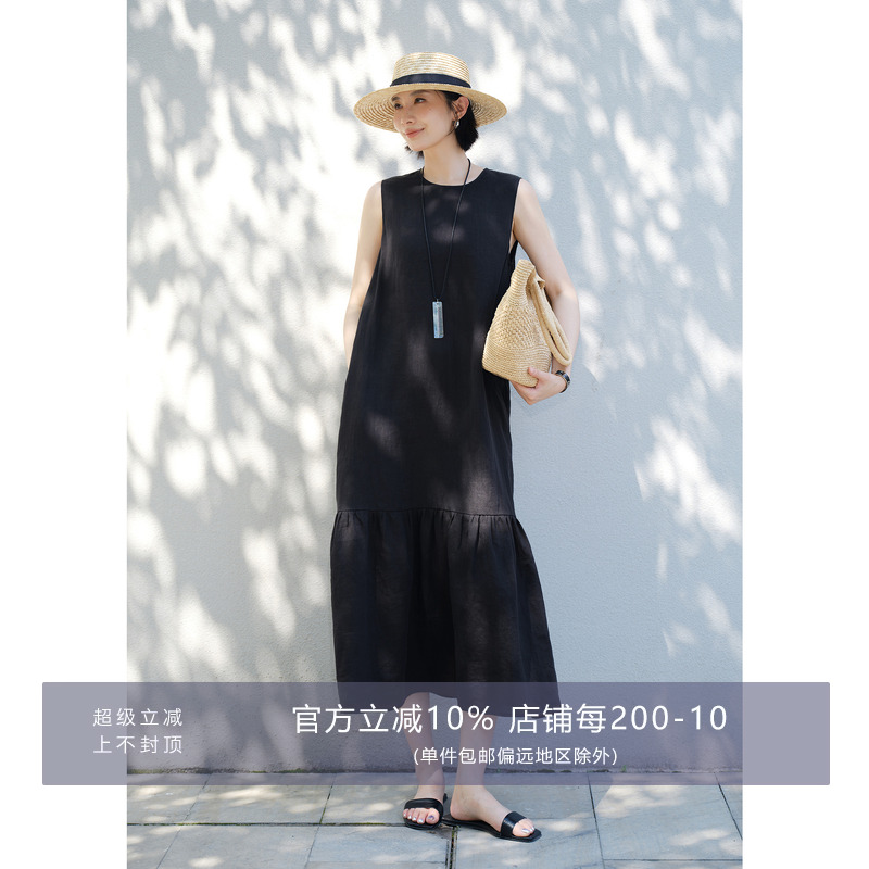 Amyy Studios莼TIAN然砂洗亚麻 清凉呼吸感 R0*W风圆领无袖连衣裙