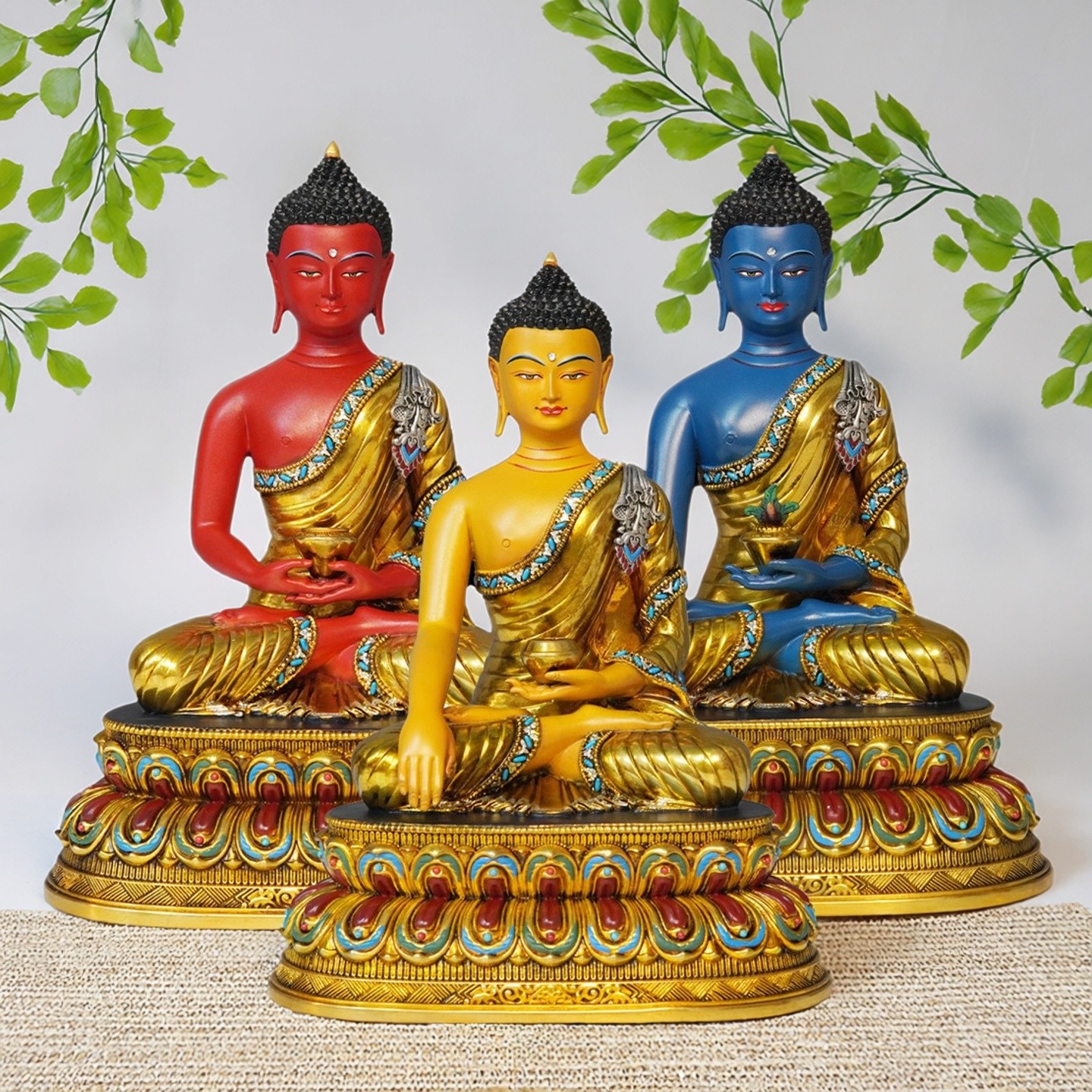 尼泊尔工艺三宝佛释迦牟尼阿弥陀佛药师佛彩绘纯铜手工錾刻铜佛像