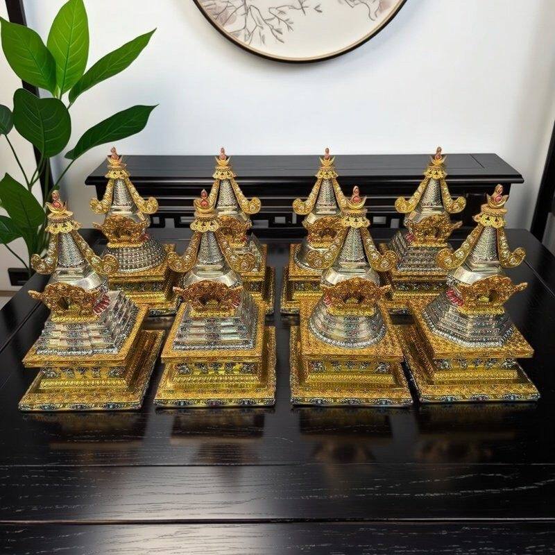 尼泊尔工艺精工黄铜鎏金鎏银如来八塔摆件纯铜手工錾刻菩提塔佛塔
