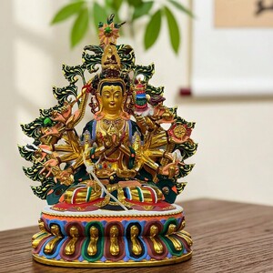精工铜制彩绘准提佛母佛像密宗黄铜鎏金彩绘准提菩萨佛堂供奉摆件
