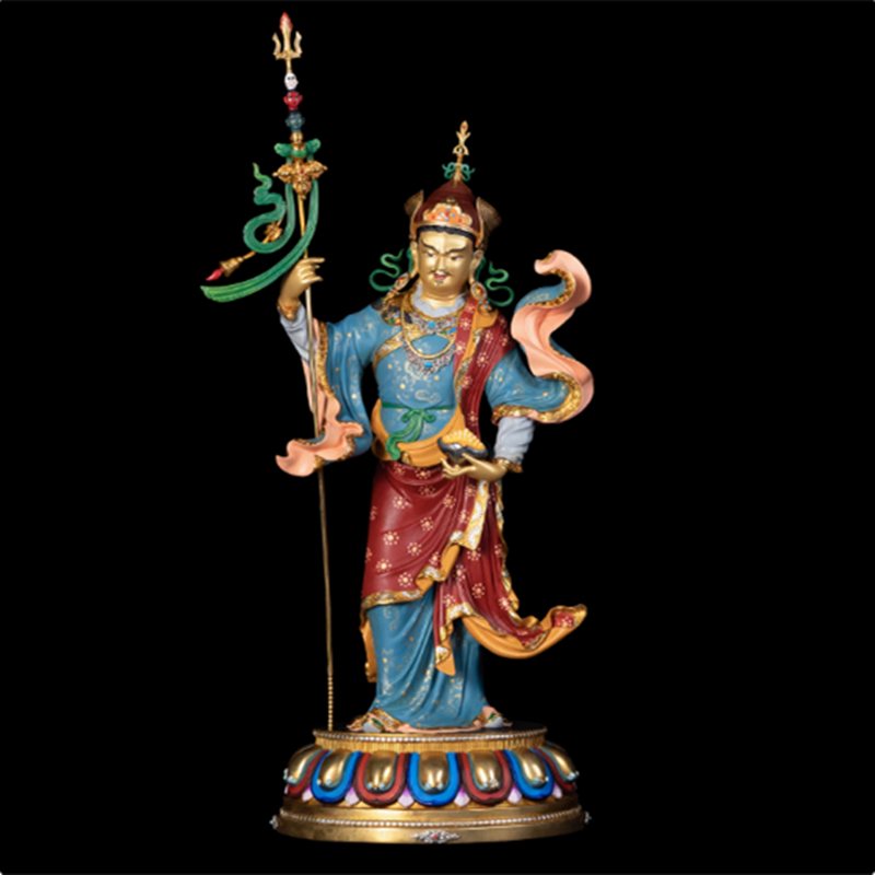 尼泊尔工艺密宗彩绘莲花生大士佛像纯铜莲师站像手工錾刻装饰摆件