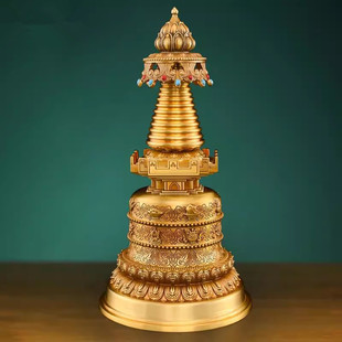 密宗黄铜鎏金嘎当塔舍利塔佛塔菩提宝塔镶嵌宝石桌面供奉摆件