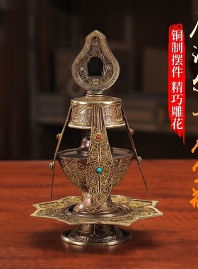 藏传尼泊尔紫铜八吉祥雕花宝瓶