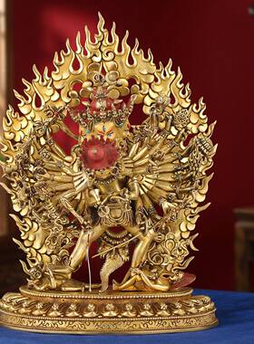 时轮金刚铜佛像尼泊尔手工塹刻铜鎏金双身造像居家铜像摆件33.3cm