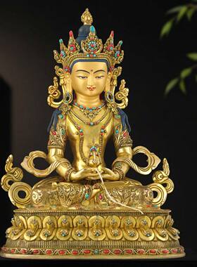 长寿佛铜佛像尼泊尔手工塹刻供奉摆件铜鎏金造像无量寿佛像31.6cm