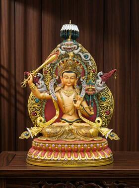 尼泊尔工艺大鹏鸟背光彩绘文殊佛像菩萨纯铜手工錾刻文殊师利摆件