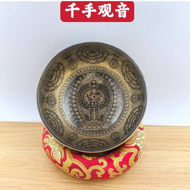 精品尼泊尔手工雕刻千手观音满月钵瑜伽冥想颂钵音疗梵音钵佛钵碗