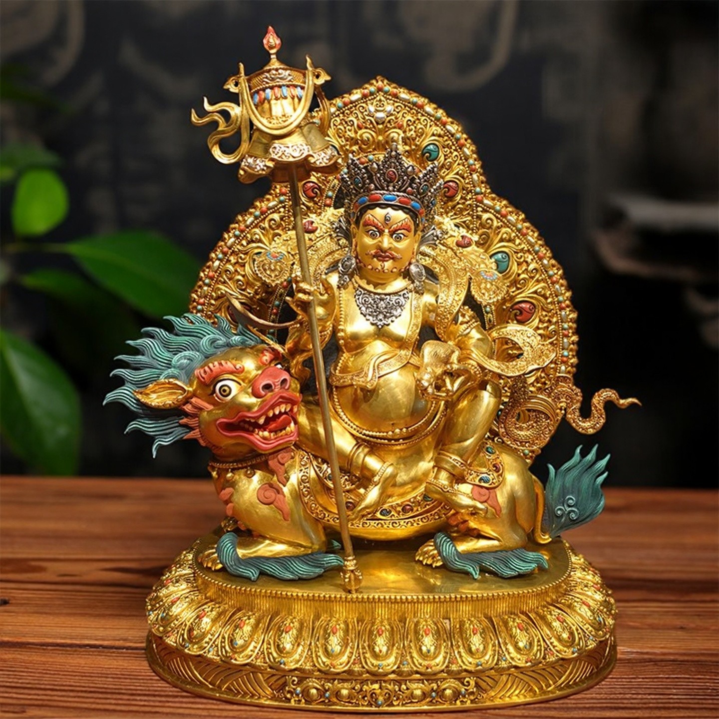 尼泊尔工艺财宝天王铜像摆件纯铜手工錾刻彩绘八马财神供奉佛像